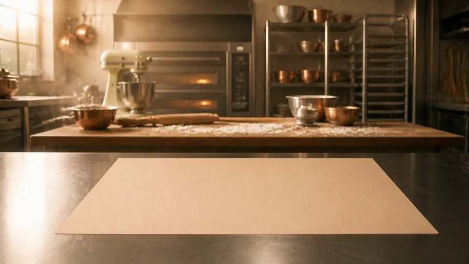 The Pastasel logo piped in cream on a pastry board, with a strawberry and a cherry